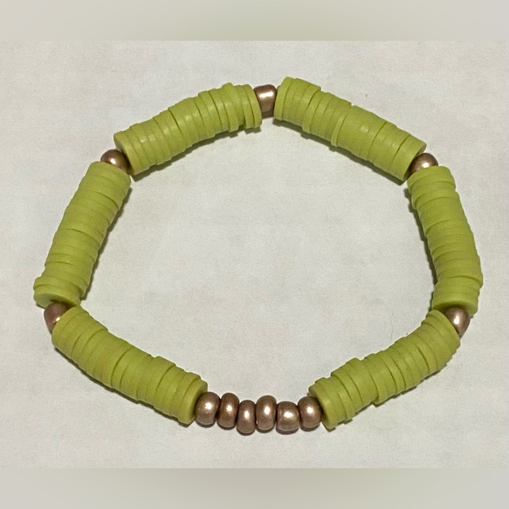 Green Gold Clay Heishi Beaded Bracelets Boho Y2K Eclectic Summer Beach Preppy - Picture 4 of 7